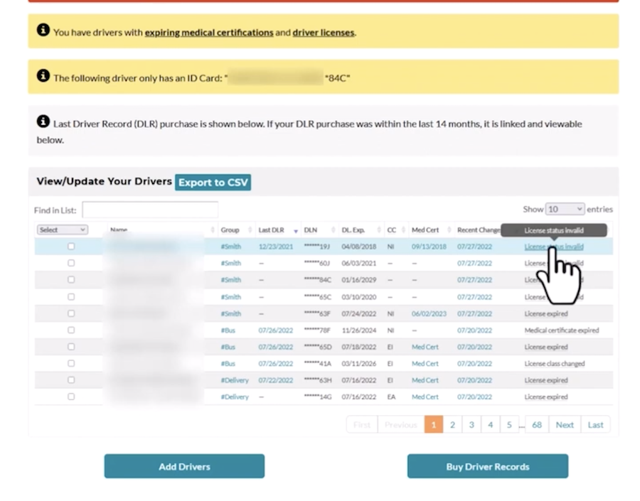 screenshot of Driver Record Dashboard